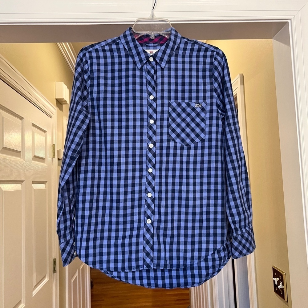 EUC Women's Vineyard Vines Cotton Cashmere Blue Gingham Button Up Shirt Size 6